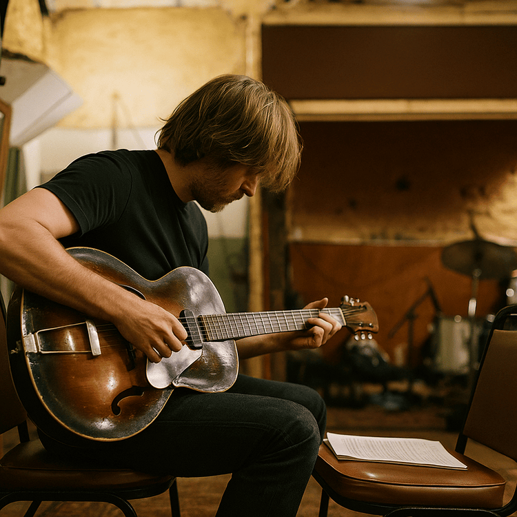 Man playing a guitar in a warm-toned room with wooden furniture.