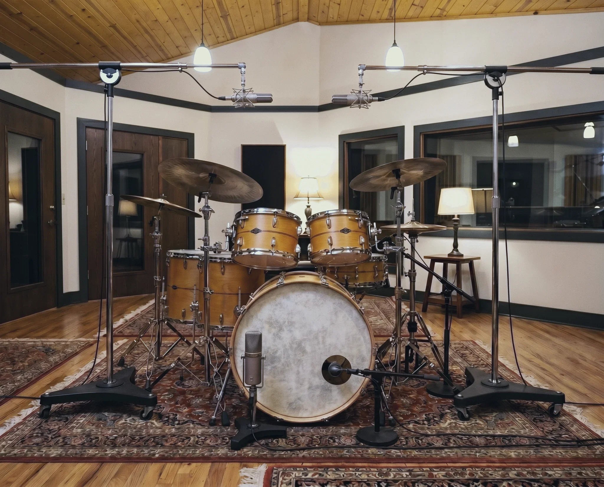 acoustic drum set in recording studio