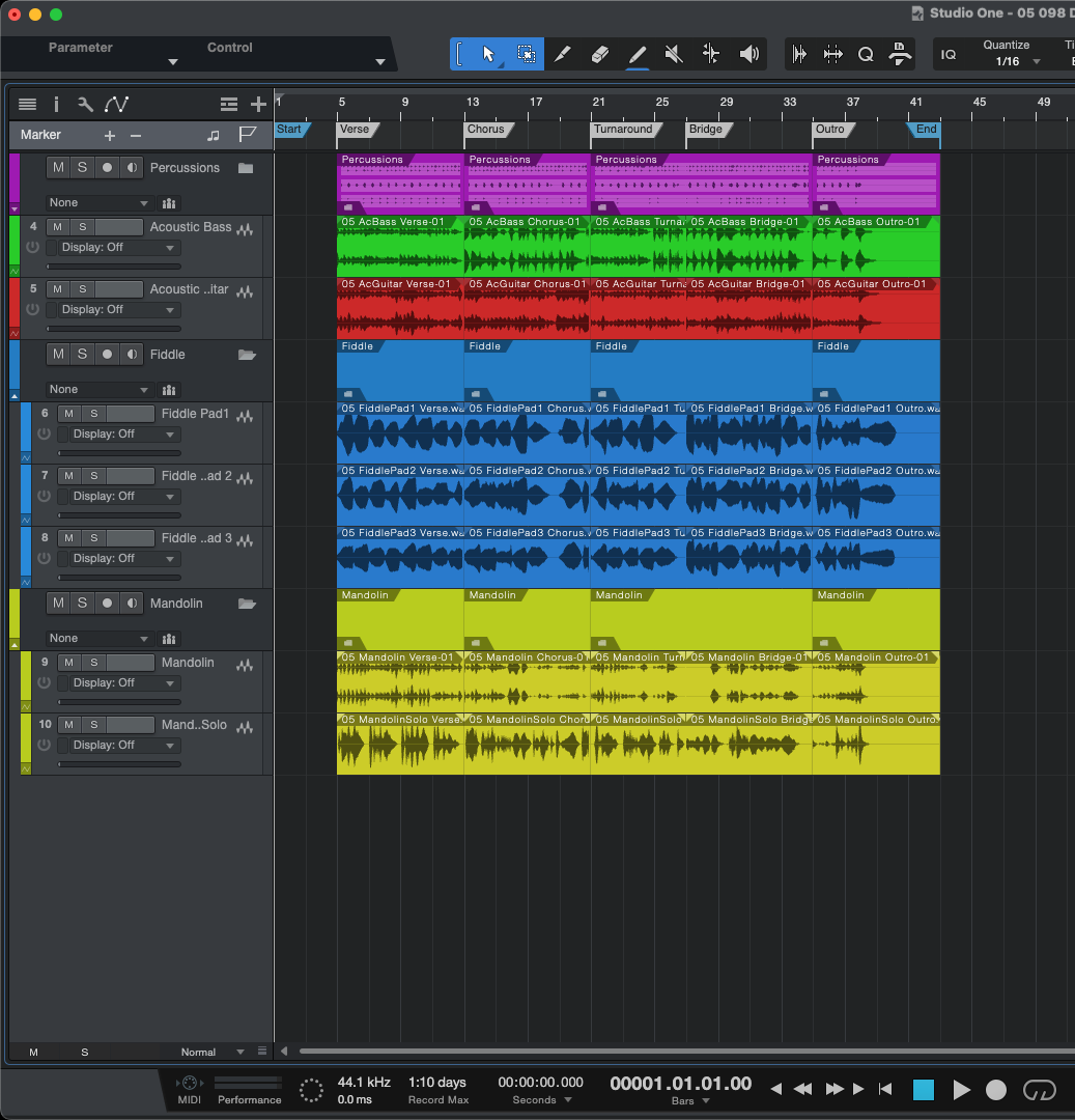 DAW screenshot placeholder - Studio One sections view